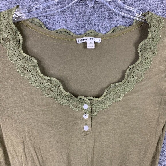 Moral Fiber Lace Neckline Tie Waist Knit Top Women Medium Olive Green Rayon - Picture 2 of 6